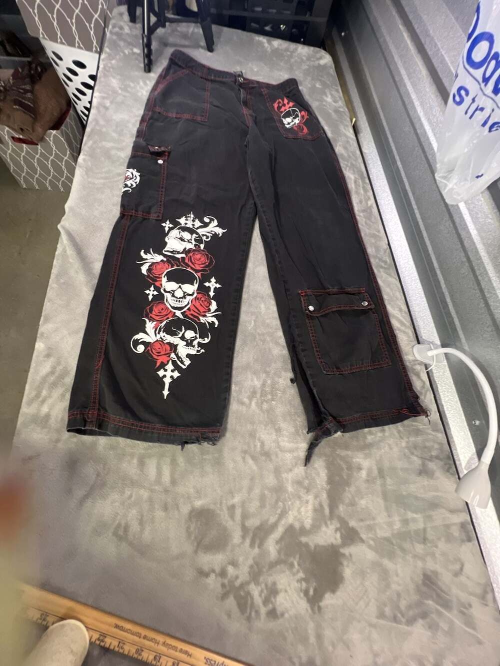Tripp NYC Black and Red Contrast Stitch Skull & Roses Wide Leg Cargo Pants